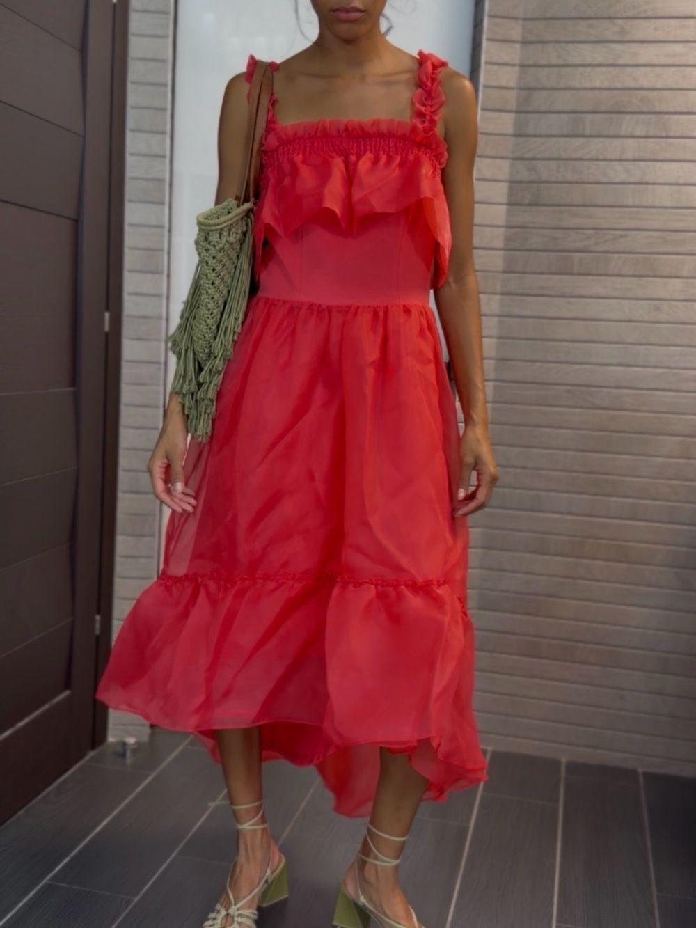 Christian Siriano Coral Midi Dress with Ruffle Straps